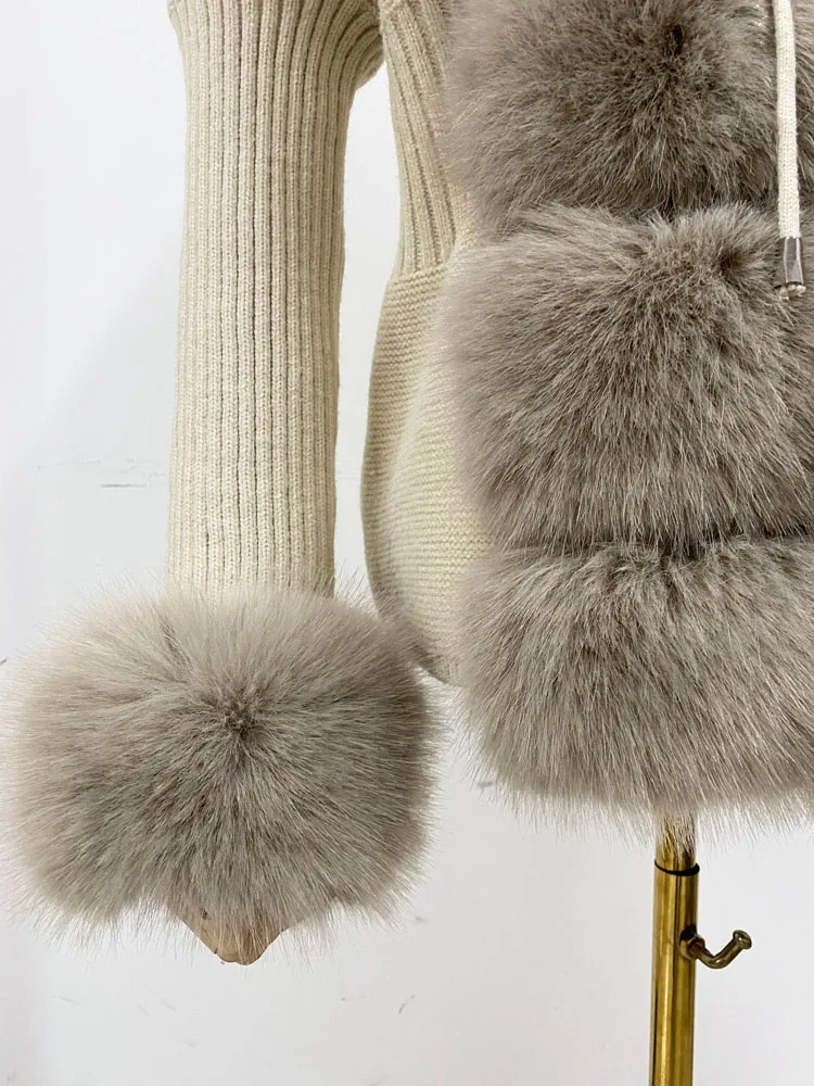 ZADORIN Autumn Winter Women Faux Fur Coat Luxury Knitted Sweater Fur Cardigan Detachable Collar White Pink Jacket Faux Fur Coats