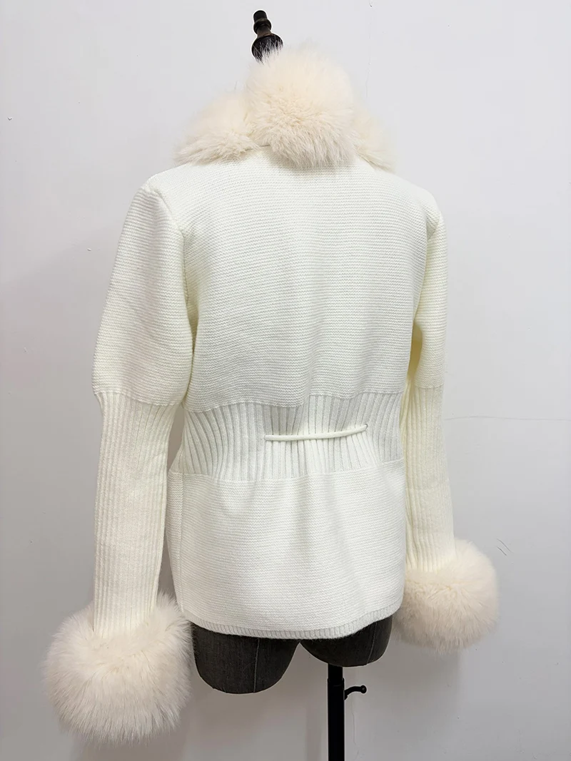 ZADORIN Autumn Winter Women Faux Fur Coat Luxury Knitted Sweater Fur Cardigan Detachable Collar White Pink Jacket Faux Fur Coats