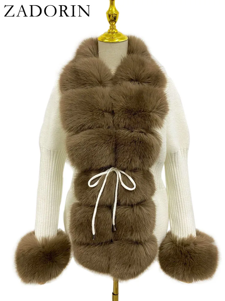 ZADORIN Autumn Winter Women Faux Fur Coat Luxury Knitted Sweater Fur Cardigan Detachable Collar White Pink Jacket Faux Fur Coats