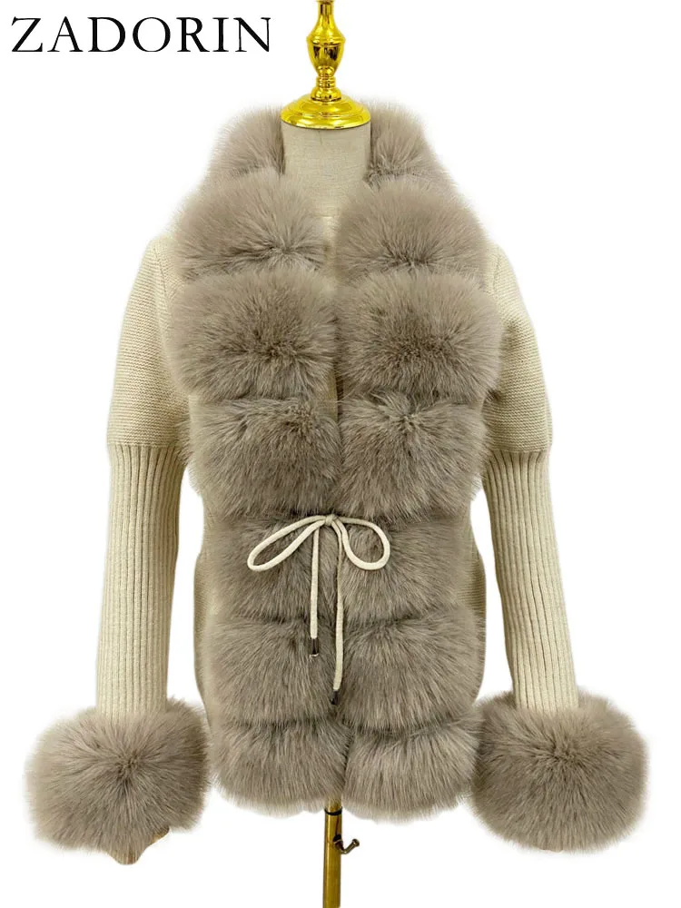 ZADORIN Autumn Winter Women Faux Fur Coat Luxury Knitted Sweater Fur Cardigan Detachable Collar White Pink Jacket Faux Fur Coats