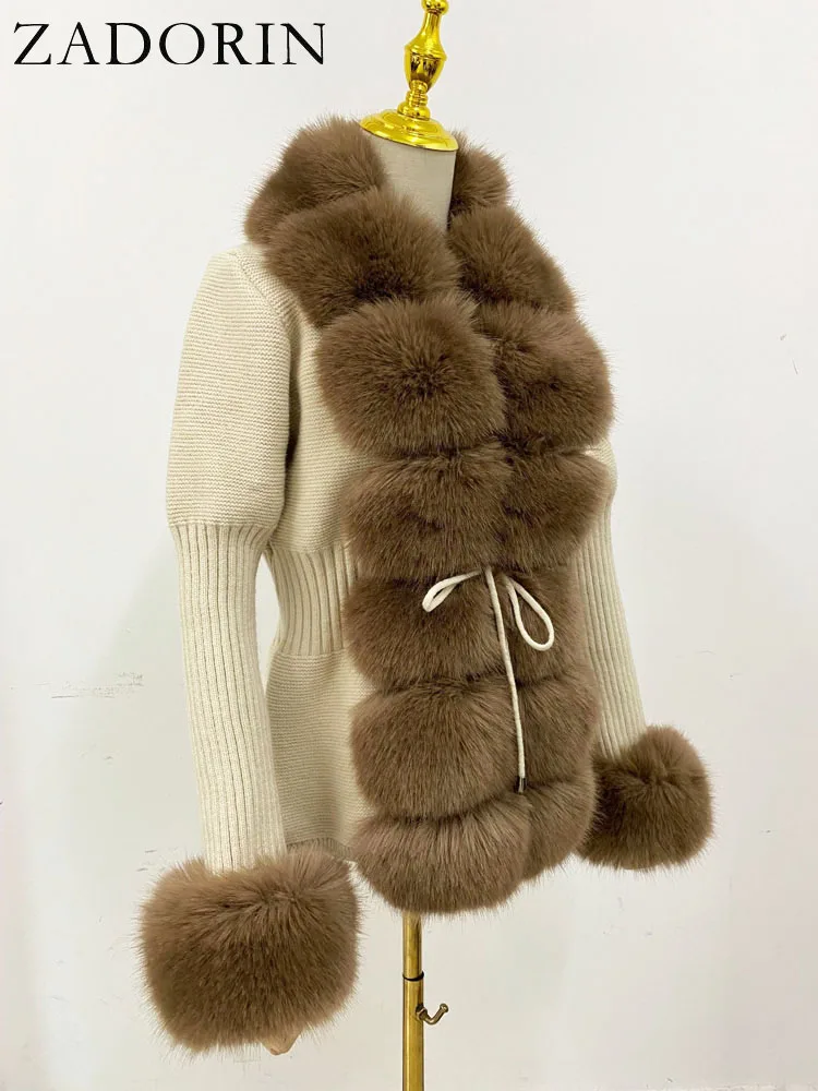ZADORIN Autumn Winter Women Faux Fur Coat Luxury Knitted Sweater Fur Cardigan Detachable Collar White Pink Jacket Faux Fur Coats