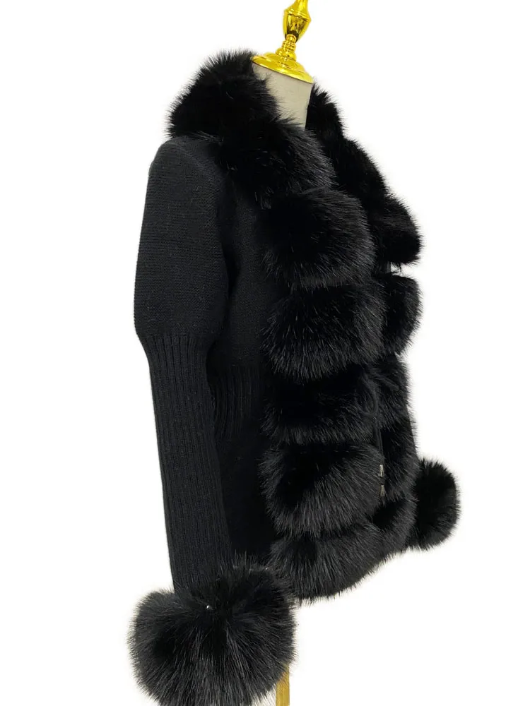 ZADORIN Autumn Winter Women Faux Fur Coat Luxury Knitted Sweater Fur Cardigan Detachable Collar White Pink Jacket Faux Fur Coats
