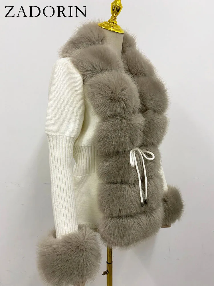 ZADORIN Autumn Winter Women Faux Fur Coat Luxury Knitted Sweater Fur Cardigan Detachable Collar White Pink Jacket Faux Fur Coats