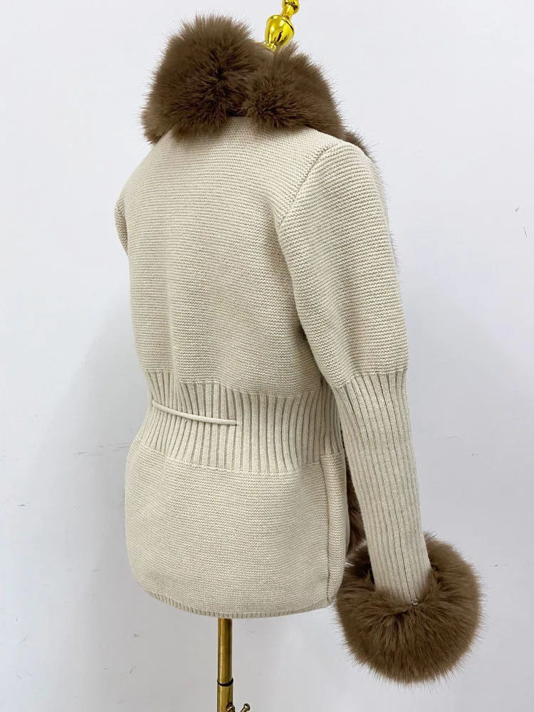 ZADORIN Autumn Winter Women Faux Fur Coat Luxury Knitted Sweater Fur Cardigan Detachable Collar White Pink Jacket Faux Fur Coats