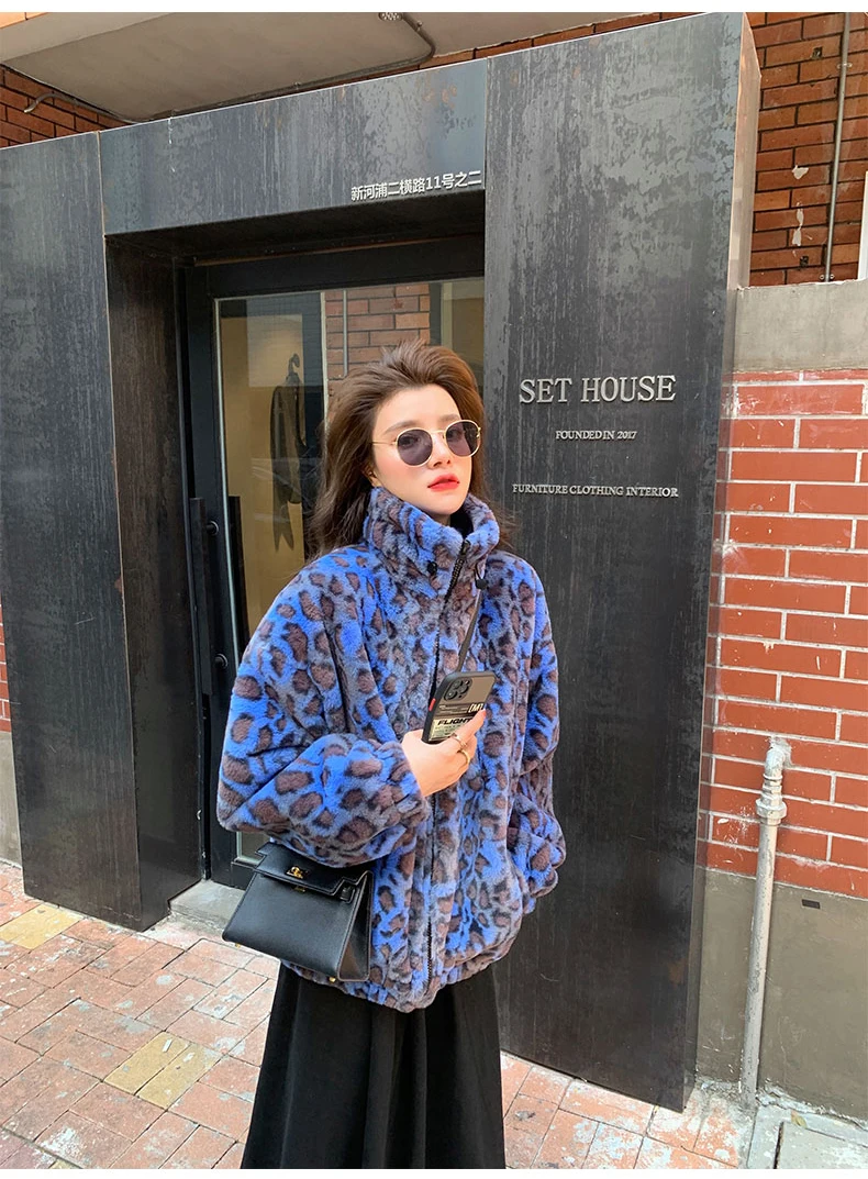 Lautaro Winter Oversized Colorful Leopard Print Faux Fur Coat Women Long Sleeve Zip Up Warm Soft Fluffy Jacket Korean Fashion