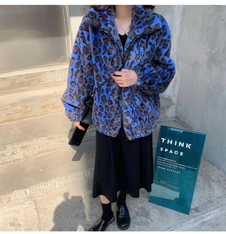 Lautaro Winter Oversized Colorful Leopard Print Faux Fur Coat Women Long Sleeve Zip Up Warm Soft Fluffy Jacket Korean Fashion