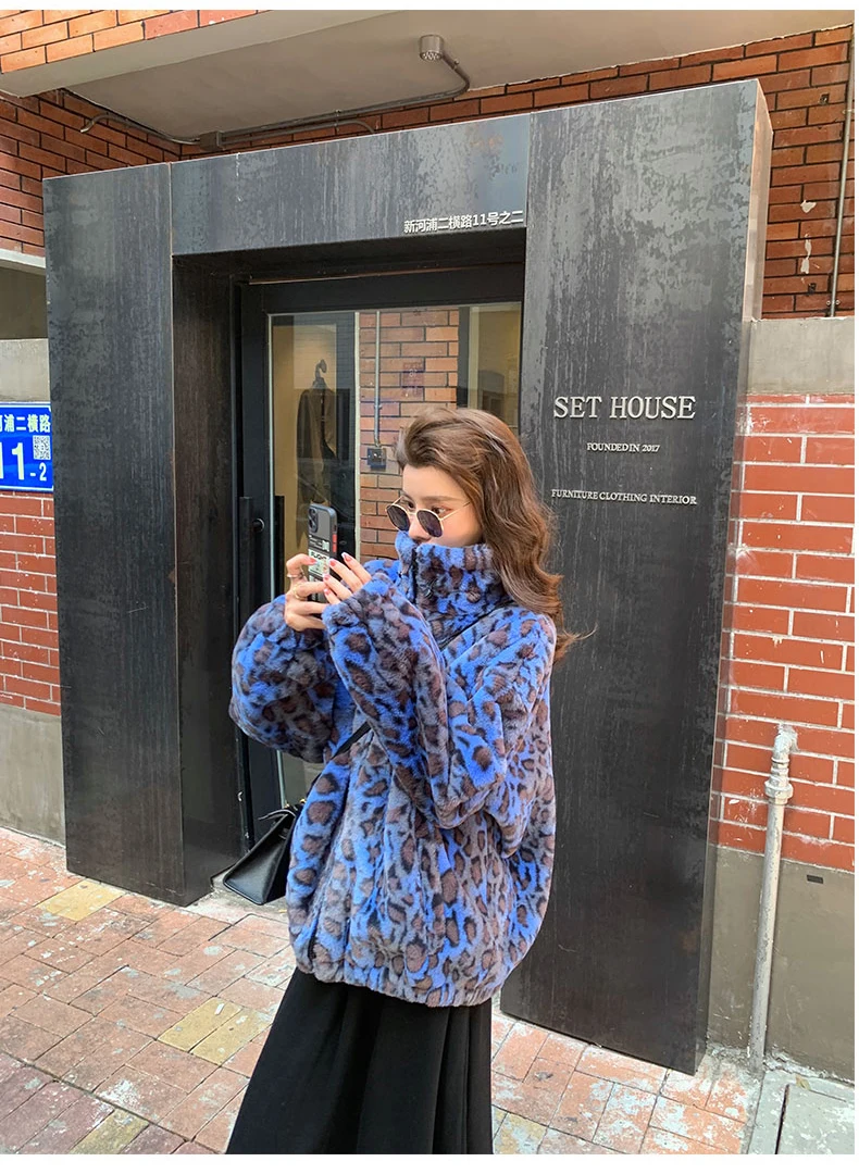 Lautaro Winter Oversized Colorful Leopard Print Faux Fur Coat Women Long Sleeve Zip Up Warm Soft Fluffy Jacket Korean Fashion