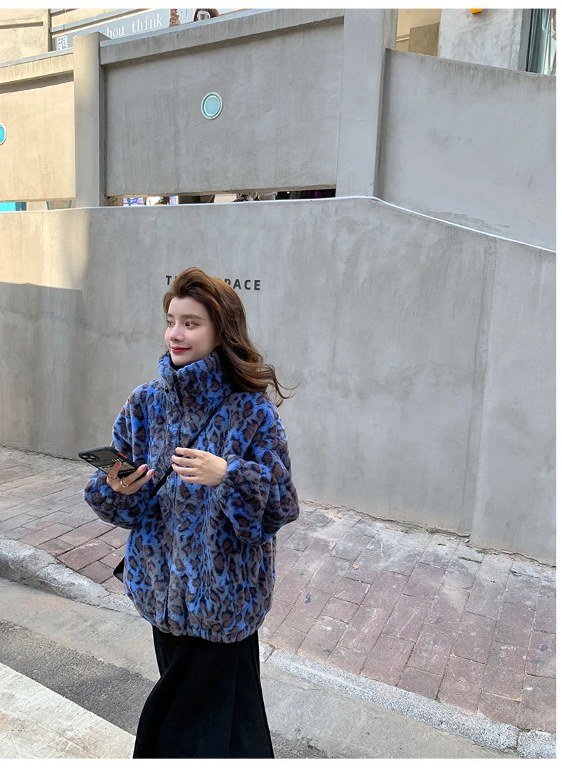 Lautaro Winter Oversized Colorful Leopard Print Faux Fur Coat Women Long Sleeve Zip Up Warm Soft Fluffy Jacket Korean Fashion