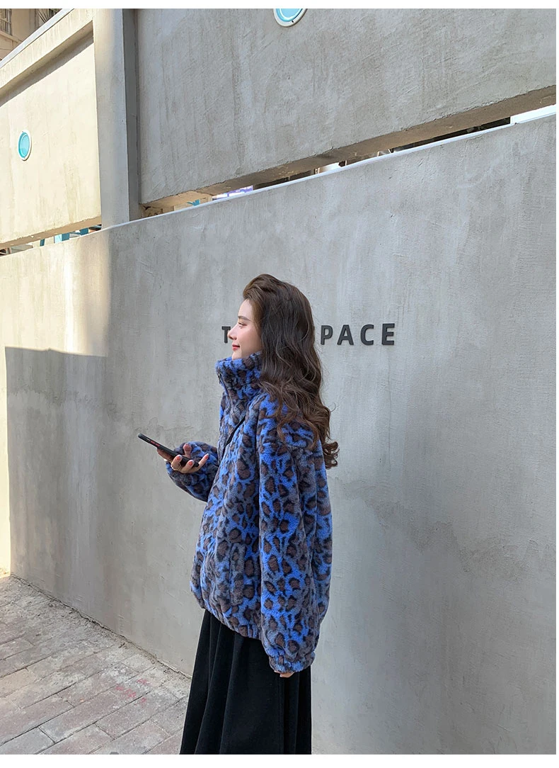Lautaro Winter Oversized Colorful Leopard Print Faux Fur Coat Women Long Sleeve Zip Up Warm Soft Fluffy Jacket Korean Fashion