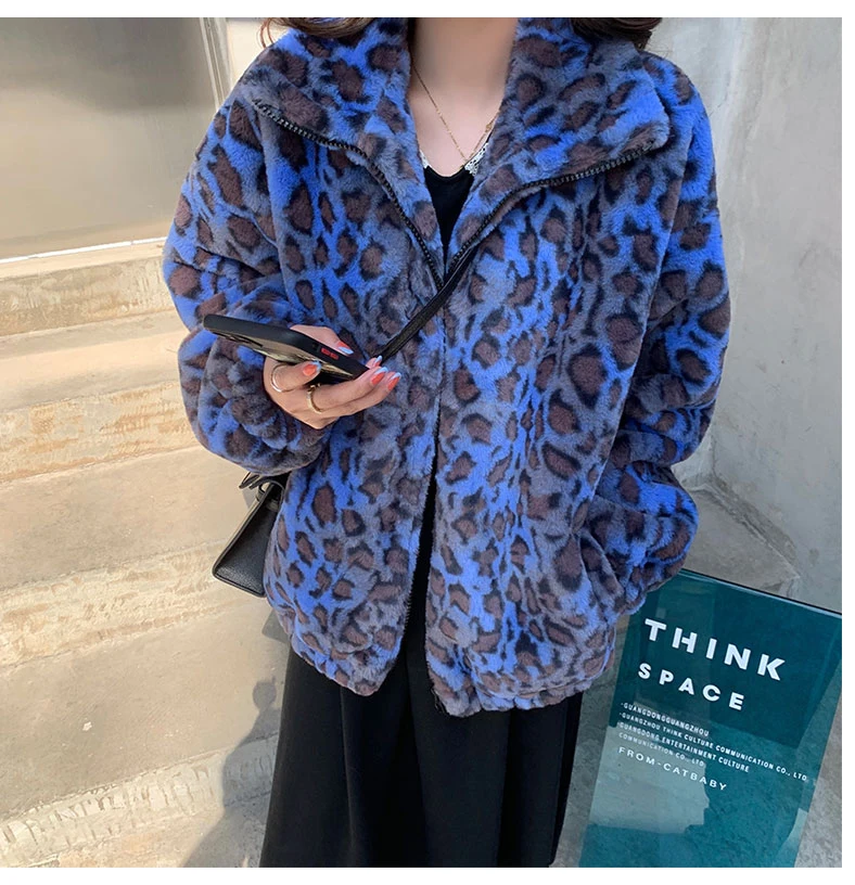 Lautaro Winter Oversized Colorful Leopard Print Faux Fur Coat Women Long Sleeve Zip Up Warm Soft Fluffy Jacket Korean Fashion