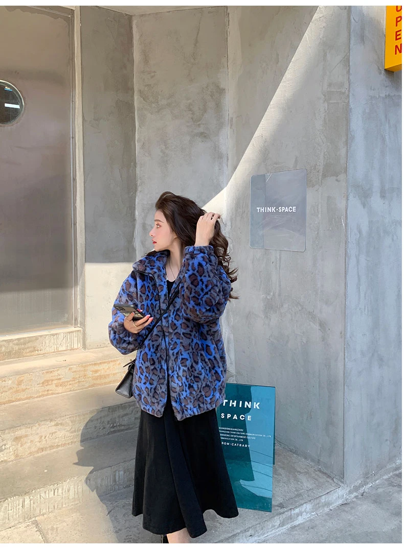 Lautaro Winter Oversized Colorful Leopard Print Faux Fur Coat Women Long Sleeve Zip Up Warm Soft Fluffy Jacket Korean Fashion