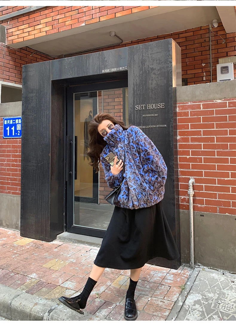 Lautaro Winter Oversized Colorful Leopard Print Faux Fur Coat Women Long Sleeve Zip Up Warm Soft Fluffy Jacket Korean Fashion