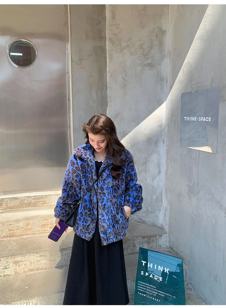 Lautaro Winter Oversized Colorful Leopard Print Faux Fur Coat Women Long Sleeve Zip Up Warm Soft Fluffy Jacket Korean Fashion
