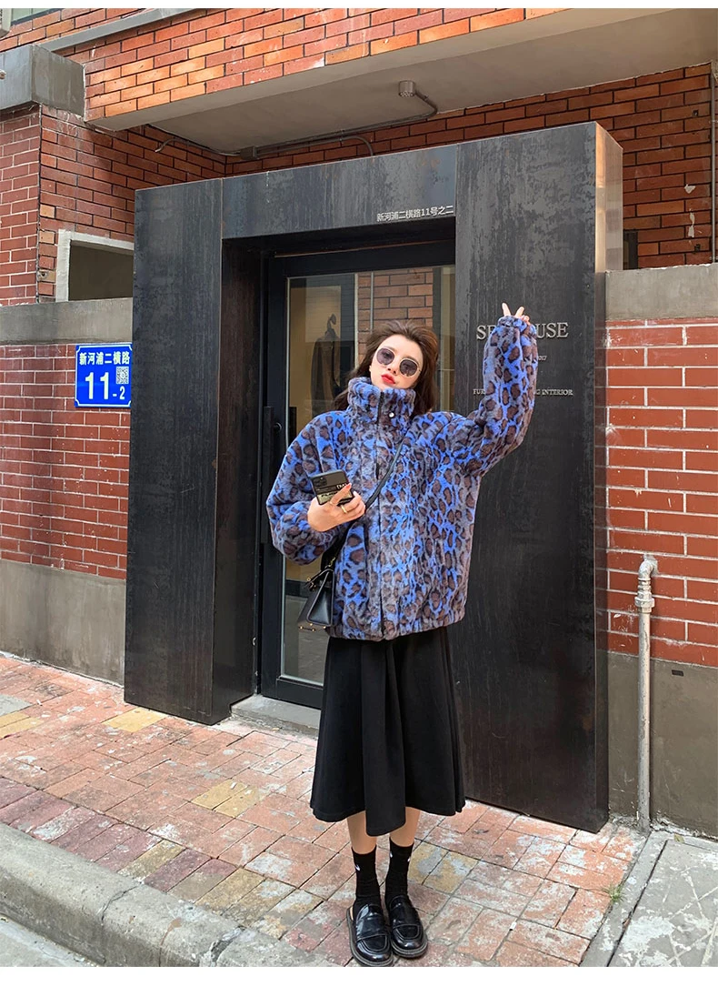 Lautaro Winter Oversized Colorful Leopard Print Faux Fur Coat Women Long Sleeve Zip Up Warm Soft Fluffy Jacket Korean Fashion