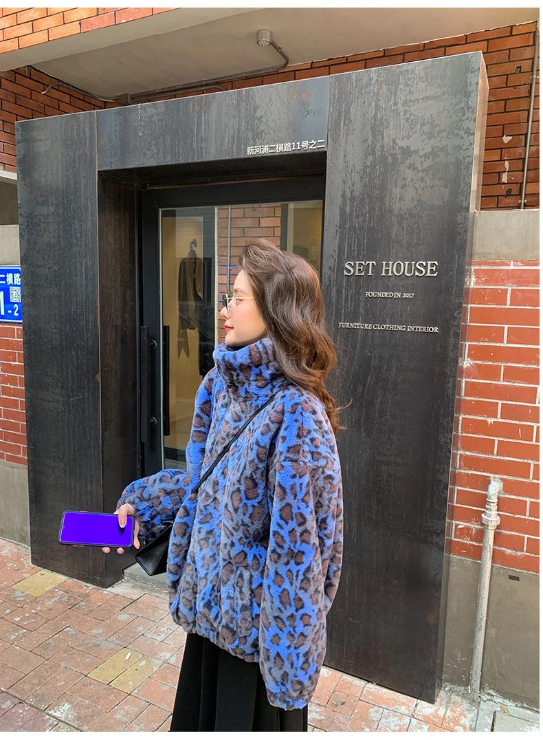 Lautaro Winter Oversized Colorful Leopard Print Faux Fur Coat Women Long Sleeve Zip Up Warm Soft Fluffy Jacket Korean Fashion