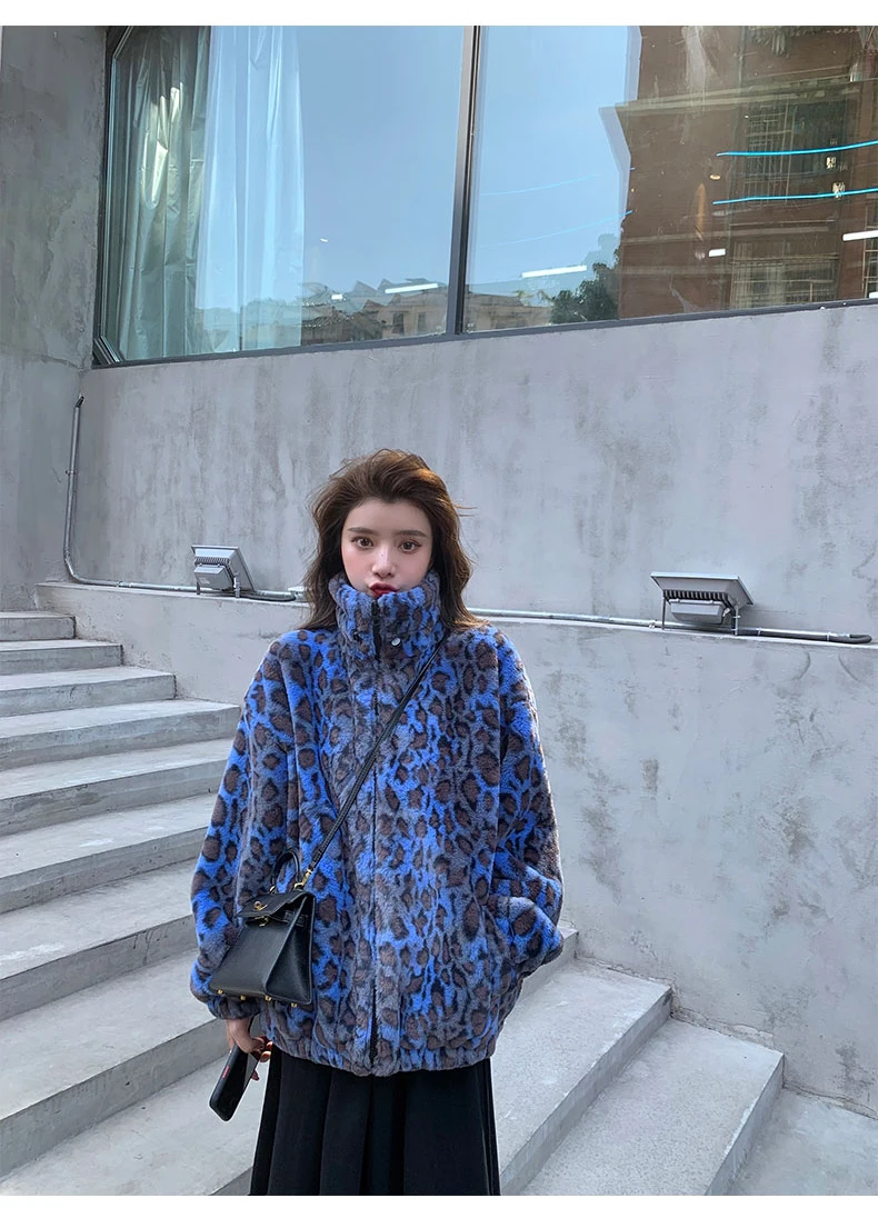 Lautaro Winter Oversized Colorful Leopard Print Faux Fur Coat Women Long Sleeve Zip Up Warm Soft Fluffy Jacket Korean Fashion