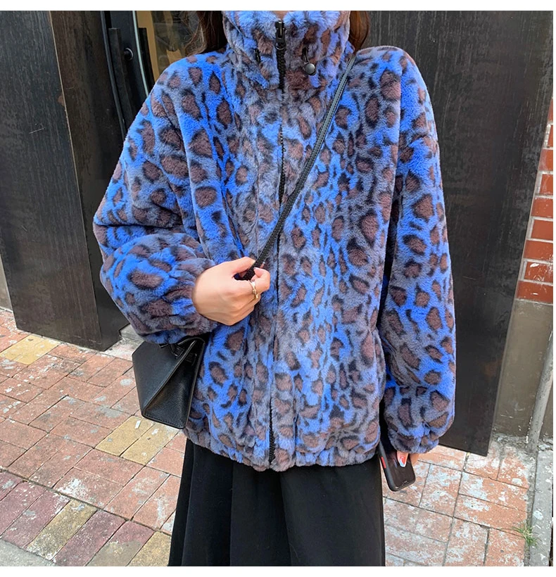 Lautaro Winter Oversized Colorful Leopard Print Faux Fur Coat Women Long Sleeve Zip Up Warm Soft Fluffy Jacket Korean Fashion