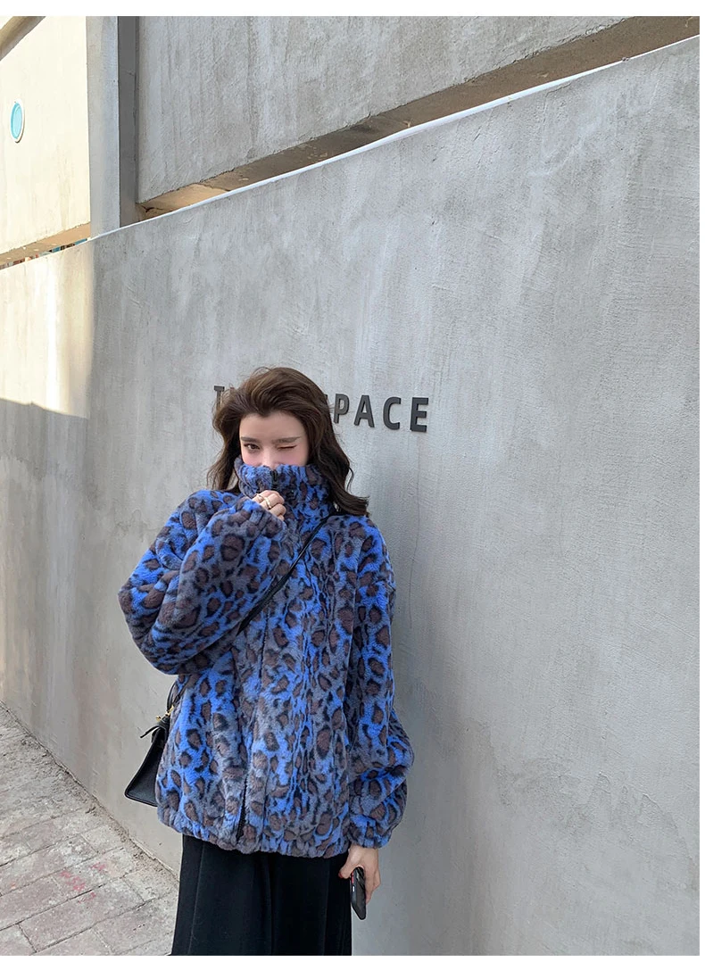 Lautaro Winter Oversized Colorful Leopard Print Faux Fur Coat Women Long Sleeve Zip Up Warm Soft Fluffy Jacket Korean Fashion