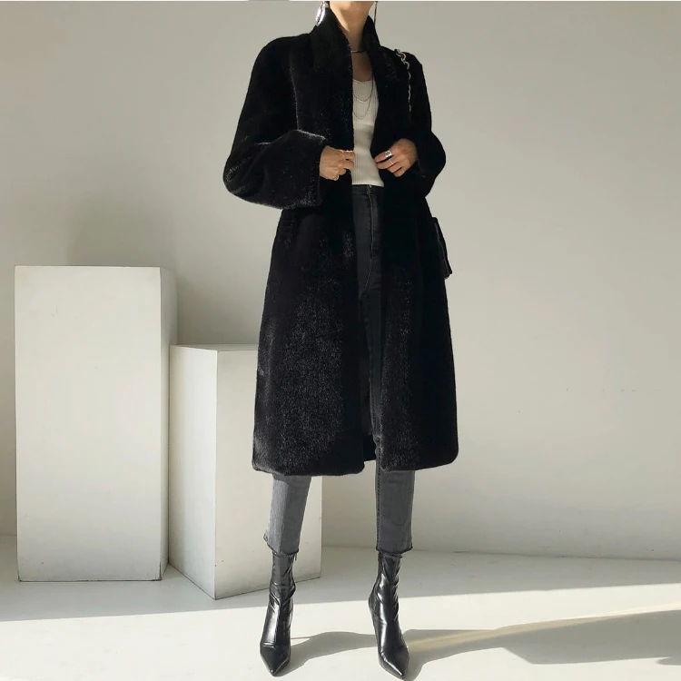 Lautaro Winter Long Black Luxury Elegant Stylish Thick Warm Fluffy Hairy Soft Faux Mink Fur Coat Women Stand Collar Sashes 2023
