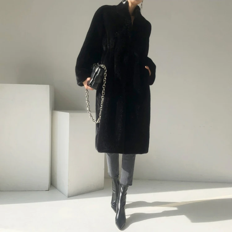 Lautaro Winter Long Black Luxury Elegant Stylish Thick Warm Fluffy Hairy Soft Faux Mink Fur Coat Women Stand Collar Sashes 2023