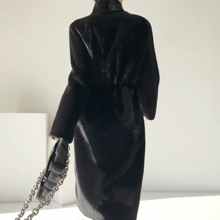 Lautaro Winter Long Black Luxury Elegant Stylish Thick Warm Fluffy Hairy Soft Faux Mink Fur Coat Women Stand Collar Sashes 2023
