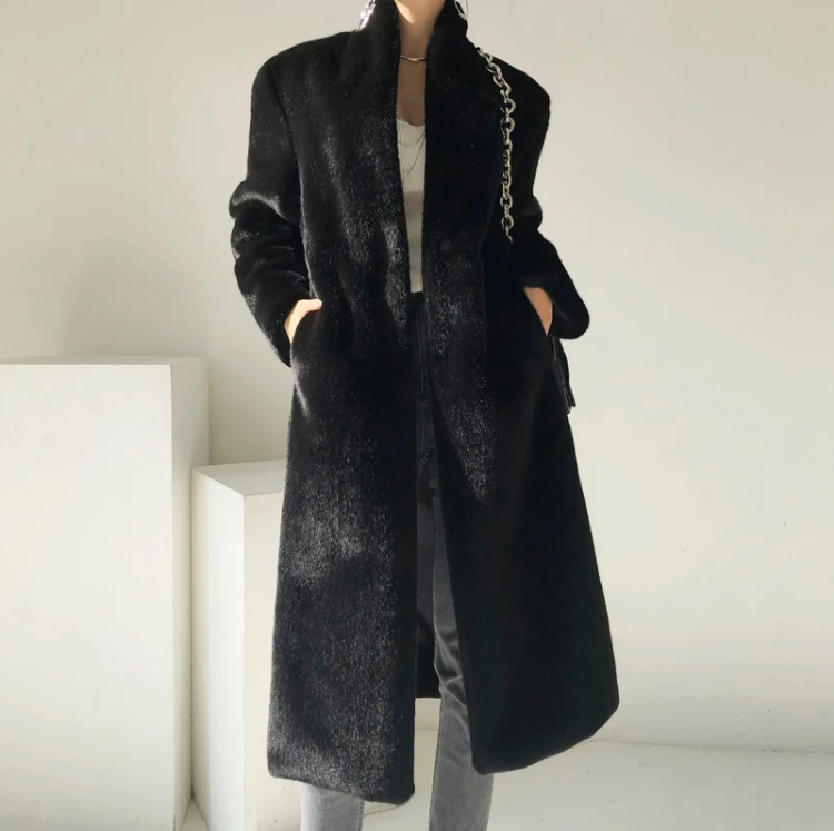 Lautaro Winter Long Black Luxury Elegant Stylish Thick Warm Fluffy Hairy Soft Faux Mink Fur Coat Women Stand Collar Sashes 2023