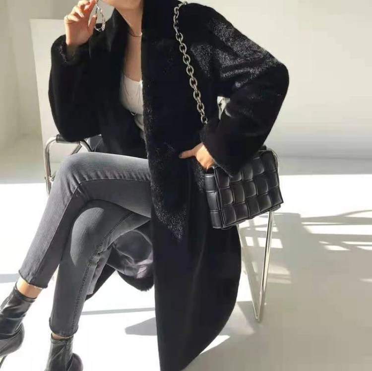 Lautaro Winter Long Black Luxury Elegant Stylish Thick Warm Fluffy Hairy Soft Faux Mink Fur Coat Women Stand Collar Sashes 2023