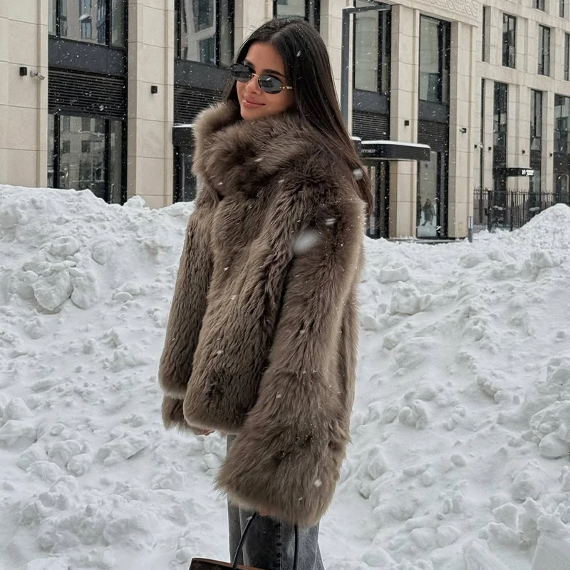 Women Solid Faux Fur Long Coat Lapel Long Sleeve Fluffy Luxury Loose Casual Outerwear 2026 Fashion Winter High Street Outwears