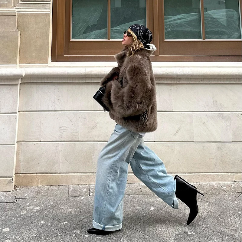 Women Solid Faux Fur Long Coat Lapel Long Sleeve Fluffy Luxury Loose Casual Outerwear 2026 Fashion Winter High Street Outwears