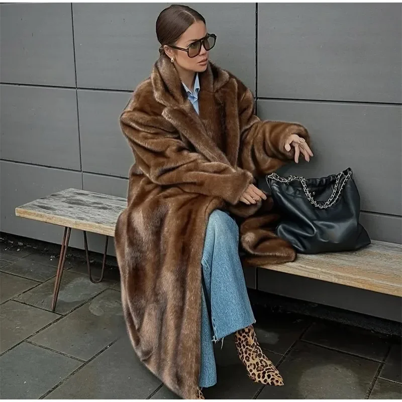 Women Solid Faux Fur Long Coat Lapel Long Sleeve Fluffy Luxury Loose Casual Outerwear 2026 Fashion Winter High Street Outwears