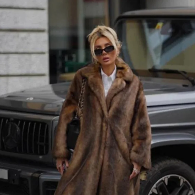 Women Solid Faux Fur Long Coat Lapel Long Sleeve Fluffy Luxury Loose Casual Outerwear 2026 Fashion Winter High Street Outwears