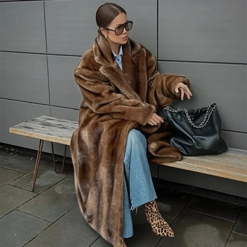 Women Solid Faux Fur Long Coat Lapel Long Sleeve Fluffy Luxury Loose Casual Outerwear 2026 Fashion Winter High Street Outwears