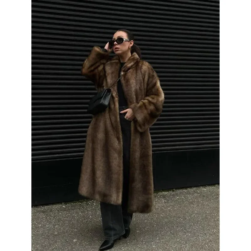 Women Solid Faux Fur Long Coat Lapel Long Sleeve Fluffy Luxury Loose Casual Outerwear 2026 Fashion Winter High Street Outwears