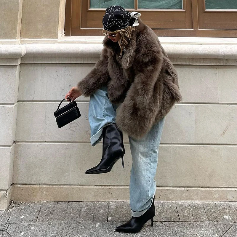 Women Solid Faux Fur Long Coat Lapel Long Sleeve Fluffy Luxury Loose Casual Outerwear 2026 Fashion Winter High Street Outwears
