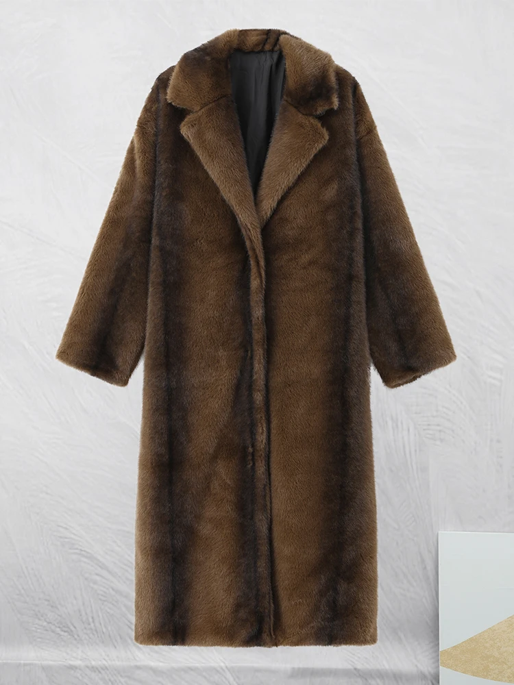 Women Solid Faux Fur Long Coat Lapel Long Sleeve Fluffy Luxury Loose Casual Outerwear 2026 Fashion Winter High Street Outwears