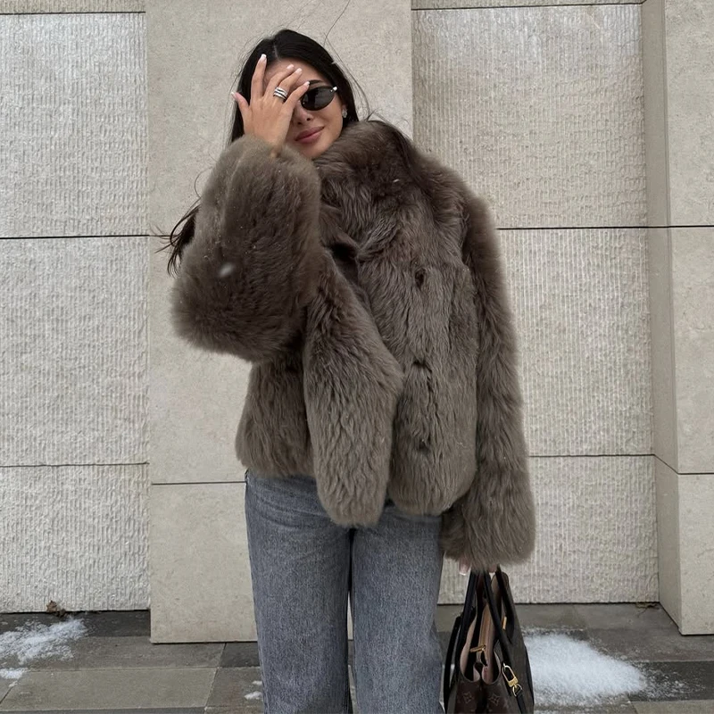 Women Solid Faux Fur Long Coat Lapel Long Sleeve Fluffy Luxury Loose Casual Outerwear 2026 Fashion Winter High Street Outwears