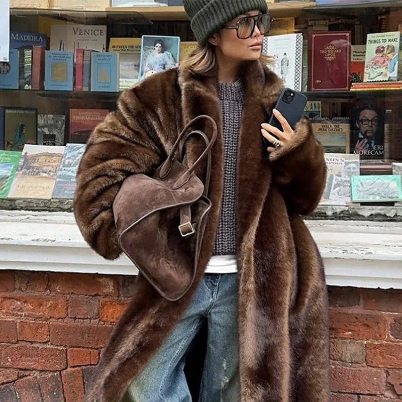 Women Solid Faux Fur Long Coat Lapel Long Sleeve Fluffy Luxury Loose Casual Outerwear 2026 Fashion Winter High Street Outwears
