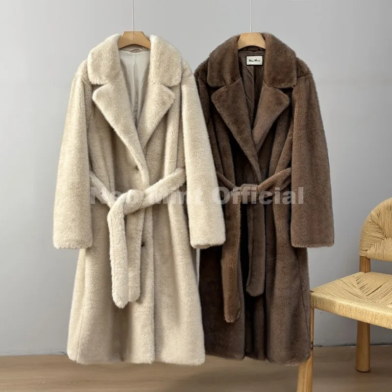Neo Mint Belted Faux Mink Fur Coat Women 2025 Winter Beige Gradient Furry Fur Jacket Luxury Brand Hooded Warm Outerwear Overcoat