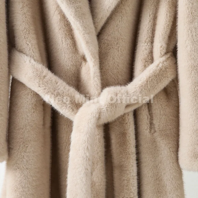Neo Mint Belted Faux Mink Fur Coat Women 2025 Winter Beige Gradient Furry Fur Jacket Luxury Brand Hooded Warm Outerwear Overcoat