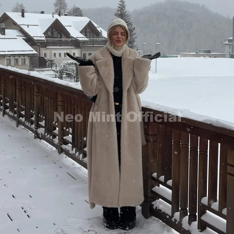 Neo Mint Belted Faux Mink Fur Coat Women 2025 Winter Beige Gradient Furry Fur Jacket Luxury Brand Hooded Warm Outerwear Overcoat