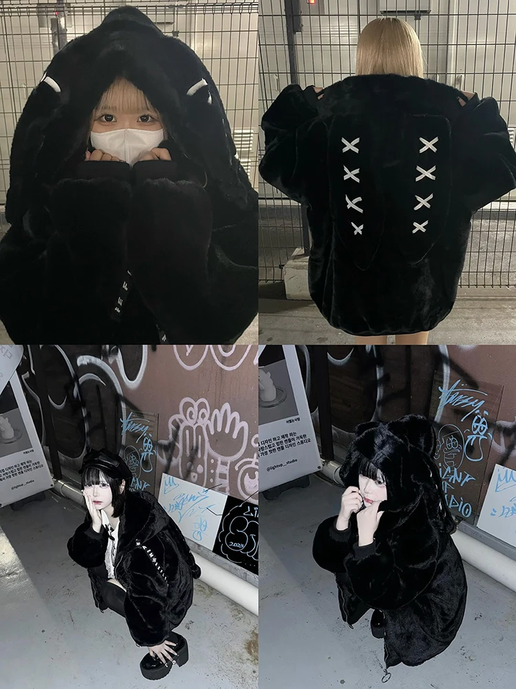 Nerazzurri Winter Sweet Cute Kawaii Soft Thick Warm White Faux Fur Coat Women with Bunny Ears Cute Fluffy Jacket Hoodie 2024