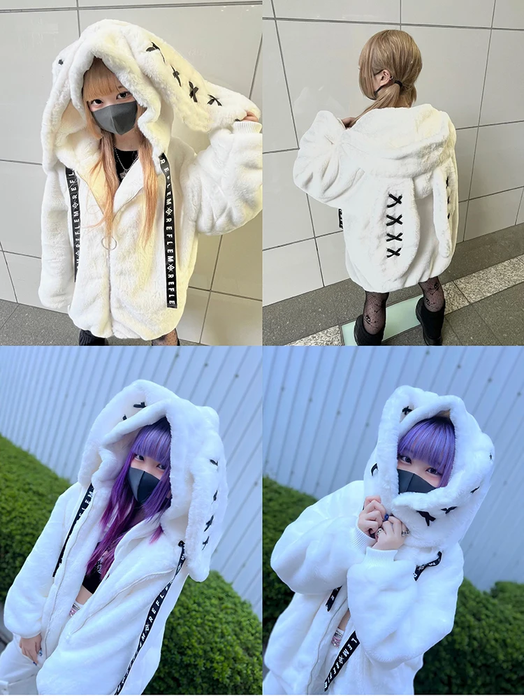 Nerazzurri Winter Sweet Cute Kawaii Soft Thick Warm White Faux Fur Coat Women with Bunny Ears Cute Fluffy Jacket Hoodie 2024
