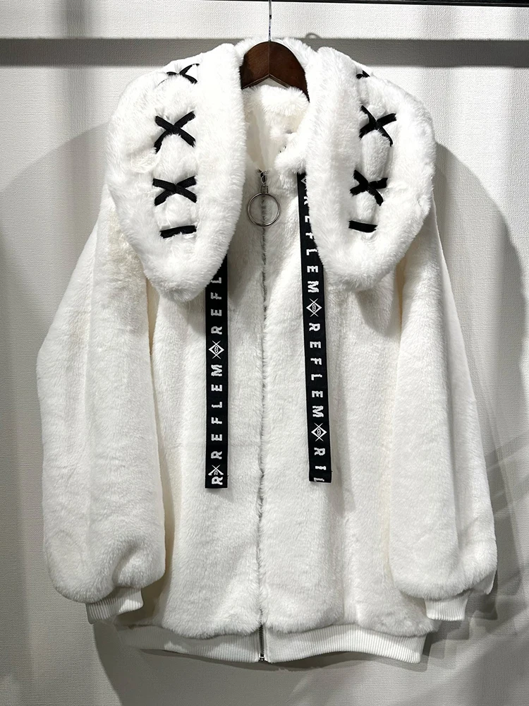 Nerazzurri Winter Sweet Cute Kawaii Soft Thick Warm White Faux Fur Coat Women with Bunny Ears Cute Fluffy Jacket Hoodie 2024