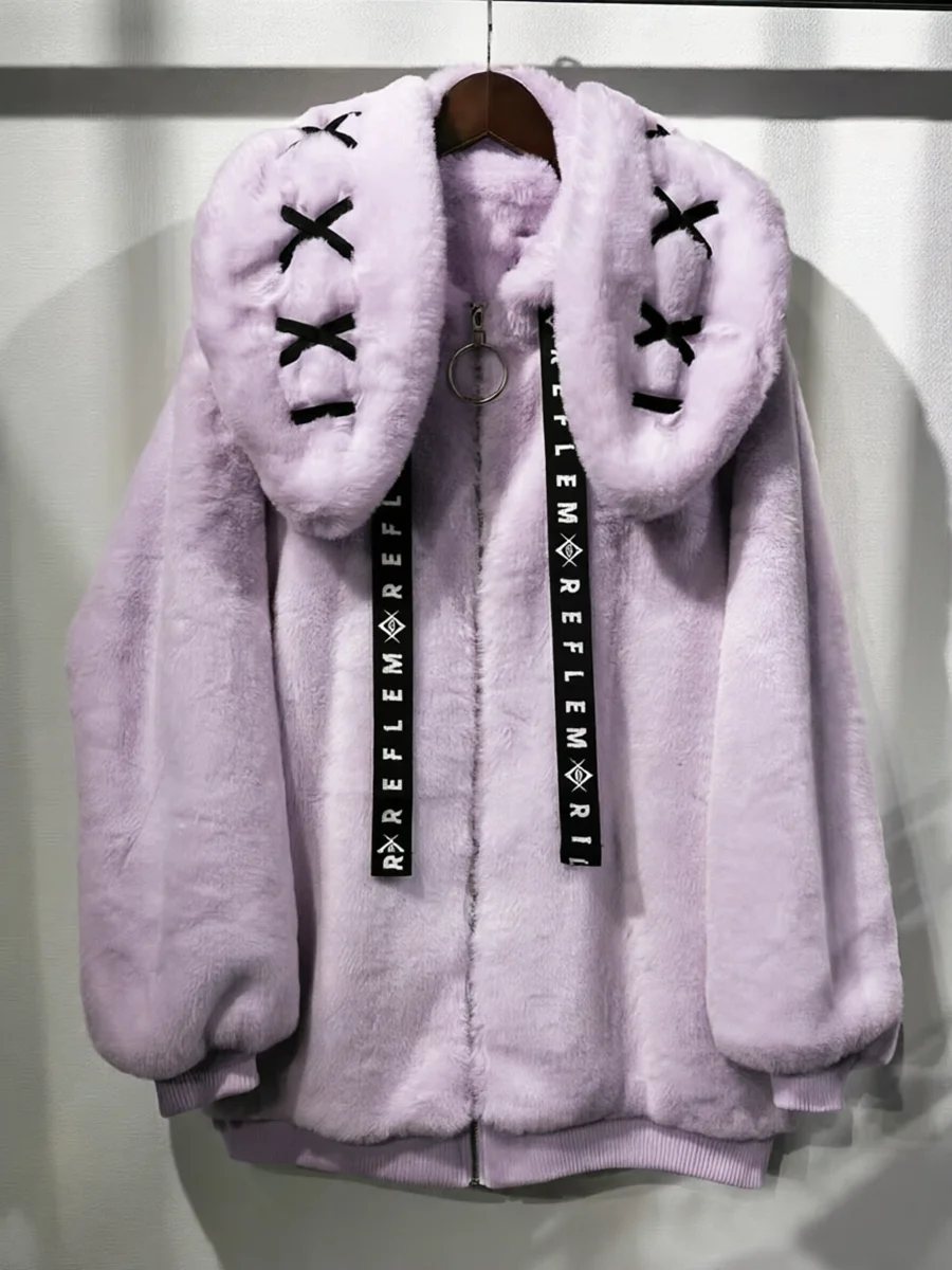 Nerazzurri Winter Sweet Cute Kawaii Soft Thick Warm White Faux Fur Coat Women with Bunny Ears Cute Fluffy Jacket Hoodie 2024