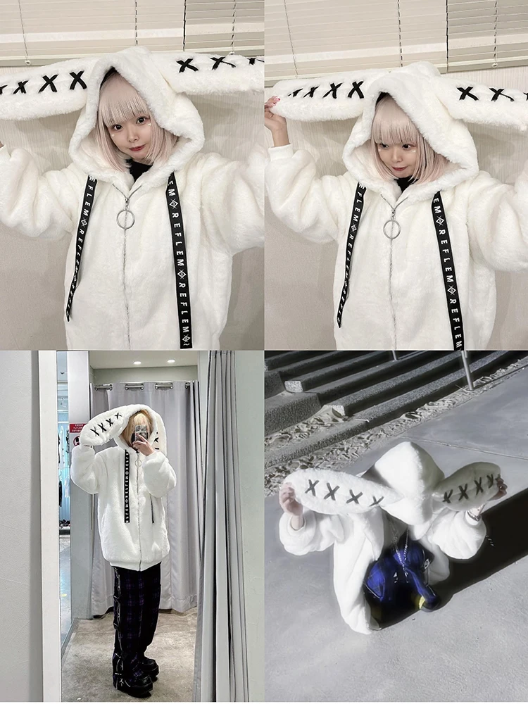 Nerazzurri Winter Sweet Cute Kawaii Soft Thick Warm White Faux Fur Coat Women with Bunny Ears Cute Fluffy Jacket Hoodie 2024