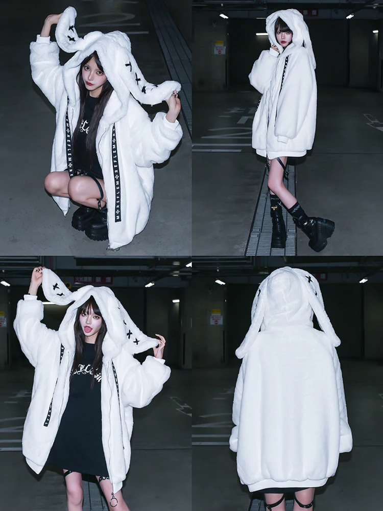 Nerazzurri Winter Sweet Cute Kawaii Soft Thick Warm White Faux Fur Coat Women with Bunny Ears Cute Fluffy Jacket Hoodie 2024