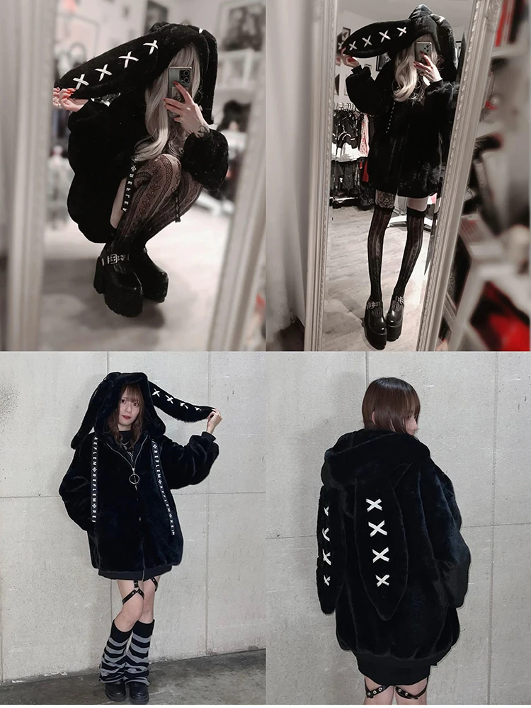 Nerazzurri Winter Sweet Cute Kawaii Soft Thick Warm White Faux Fur Coat Women with Bunny Ears Cute Fluffy Jacket Hoodie 2024