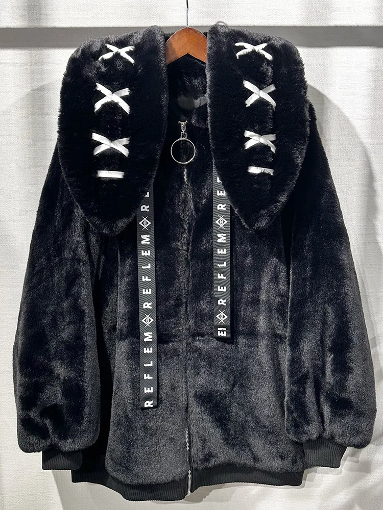 Nerazzurri Winter Sweet Cute Kawaii Soft Thick Warm White Faux Fur Coat Women with Bunny Ears Cute Fluffy Jacket Hoodie 2024
