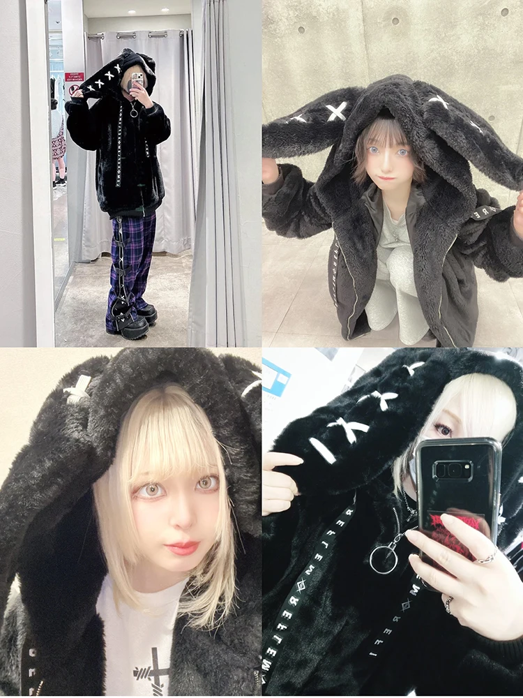 Nerazzurri Winter Sweet Cute Kawaii Soft Thick Warm White Faux Fur Coat Women with Bunny Ears Cute Fluffy Jacket Hoodie 2024