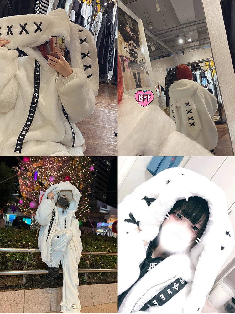 Nerazzurri Winter Sweet Cute Kawaii Soft Thick Warm White Faux Fur Coat Women with Bunny Ears Cute Fluffy Jacket Hoodie 2024